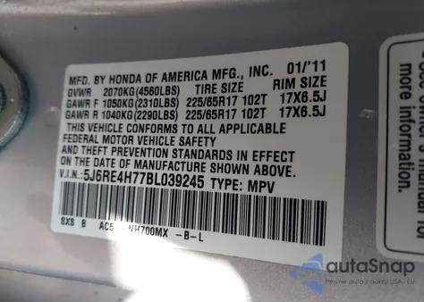 2011 Honda Cr-V Ex-L из США, поврежденный, VIN 5J6RE4H77BL039245